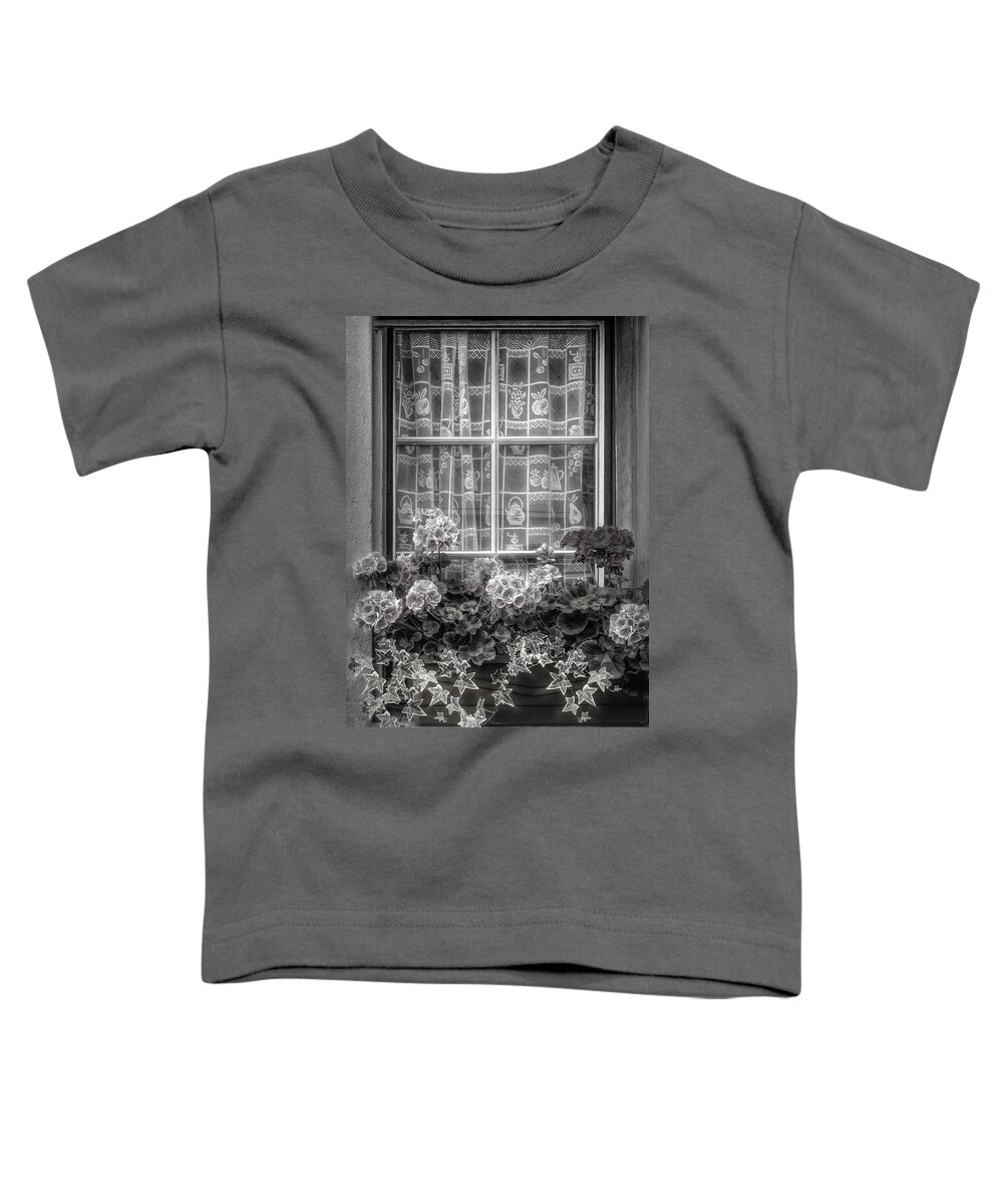 Barn Toddler T-Shirt featuring the photograph Summer Geraniums in the Window Black and White by Debra and Dave Vanderlaan