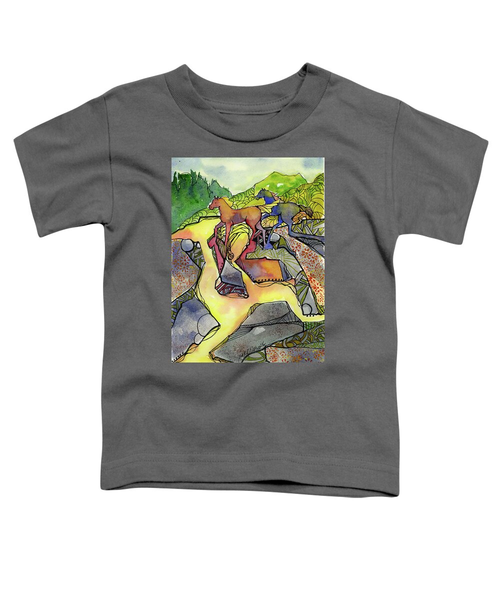 Tevis Toddler T-Shirt featuring the painting Tevis Ponies by Joan Chlarson
