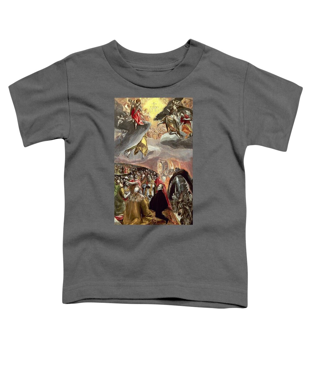 Alvise Mocenigo (1577) Toddler T-Shirt featuring the painting The Adoration of the Name of Jesus - 16th century -. EL GRECO . Pope Pius V . PHILIP II OF SPAIN. by El Greco -1541-1614-