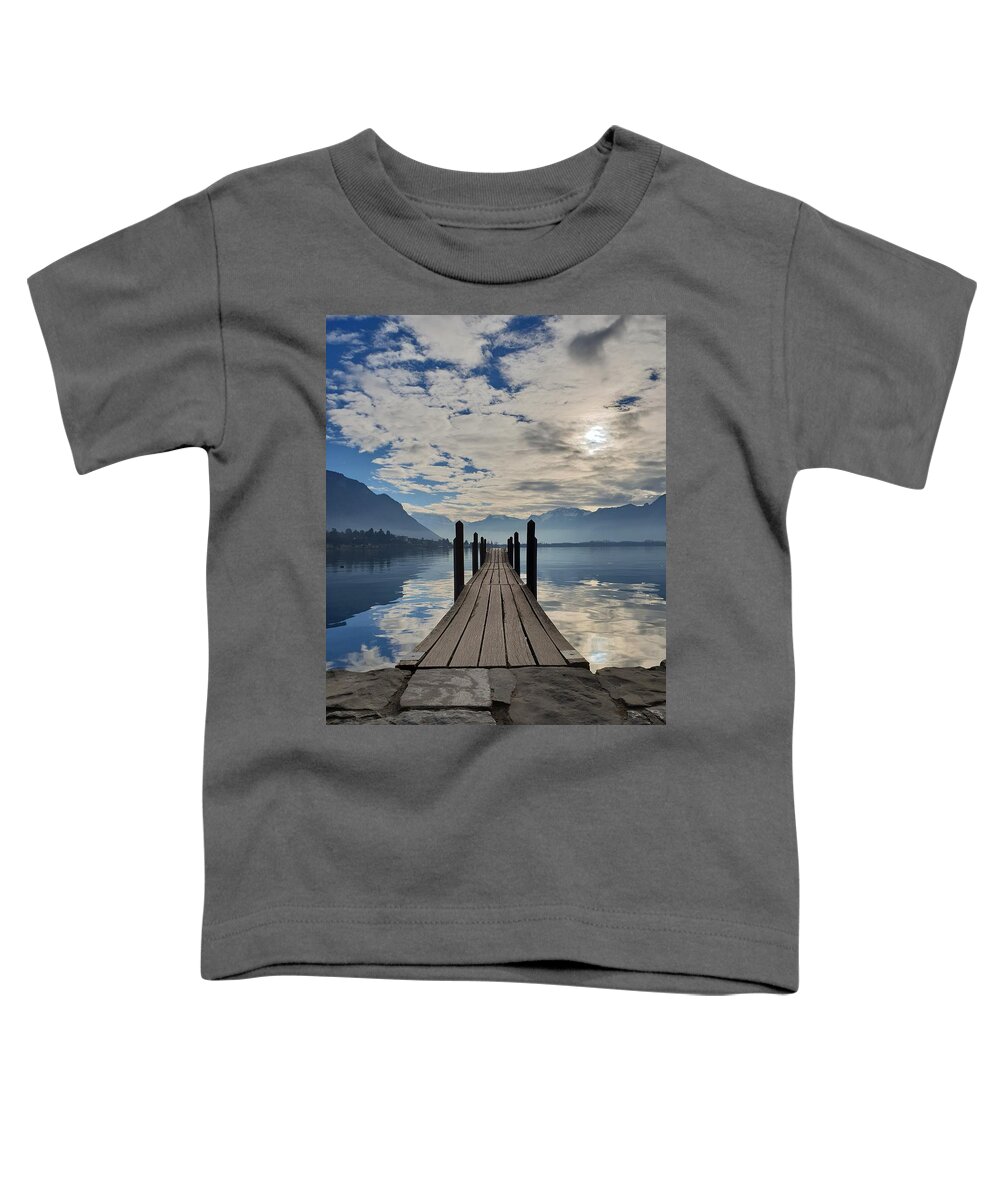 Lake Toddler T-Shirt featuring the photograph Dock With a View by Andrea Whitaker