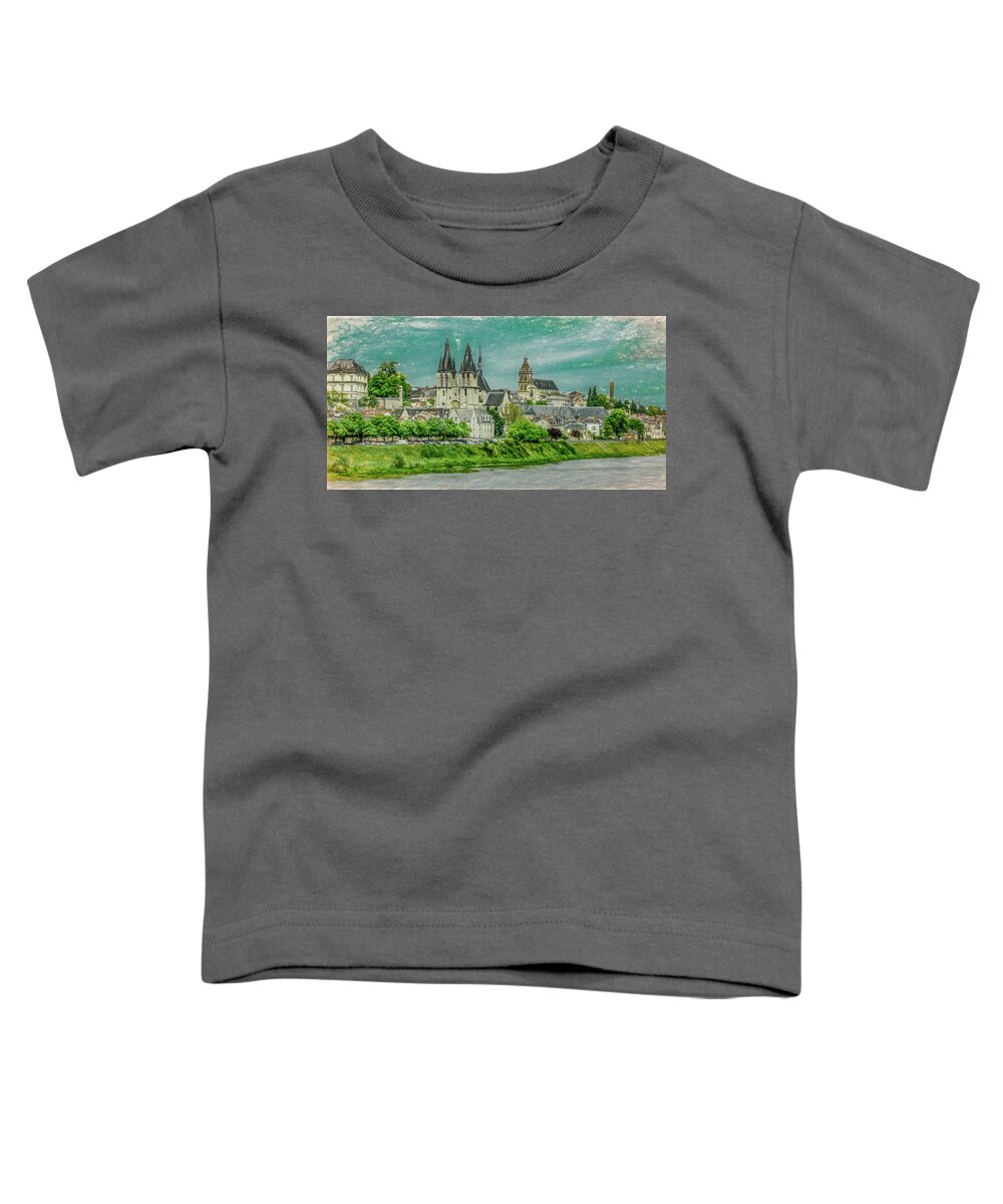 View From The Bridge Toddler T-Shirt featuring the photograph Tours Skyline, Vintage Painterly Version by Marcy Wielfaert