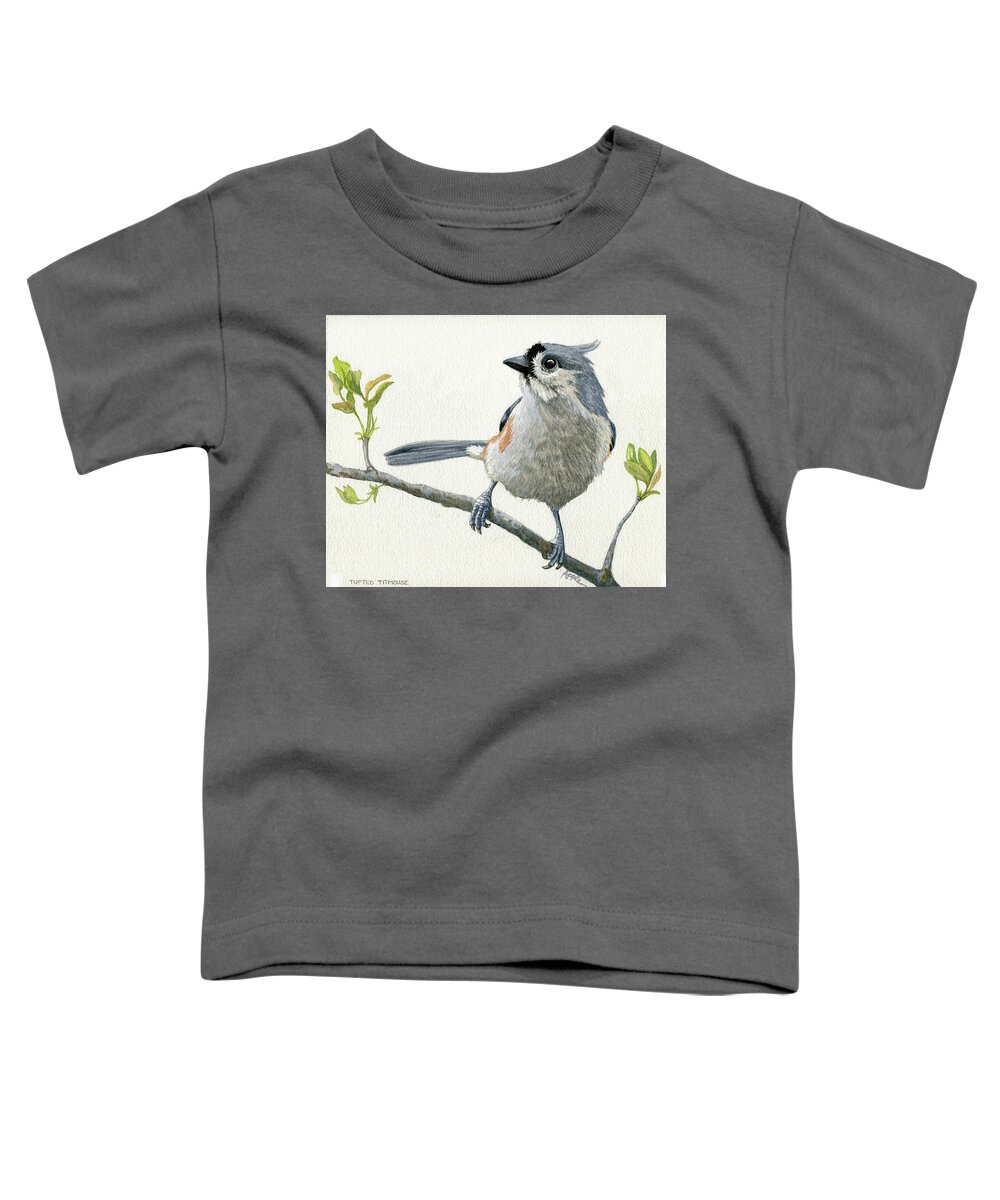 Tufted Titmouse Toddler T-Shirt featuring the painting Tufted Titmouse Original Watercolor Painting by Linda Apple