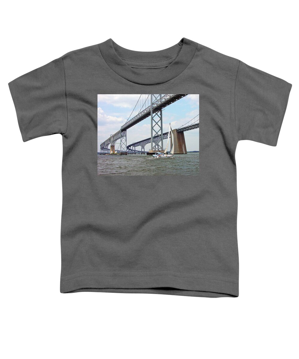 Sailing Toddler T-Shirt featuring the photograph Under the Bay Bridges by Minnie Gallman