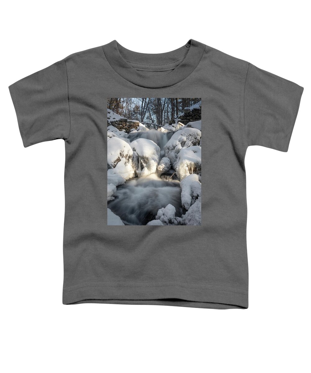 Winter Snow Ice Freezing Cold Outside Outdoors Nature River Stream Brook Ma Mass Massachusetts Brian Hale Brianhalephoto New England Newengland Usa U.s.a. Water Waterfall Falls Sky Woods Secluded Secret Long Exposure Toddler T-Shirt featuring the photograph Upper falls - arctic by Brian Hale
