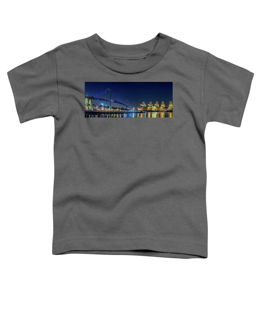 Vincent Thomas Gantry Cranes Lit At Night Toddler T-Shirt featuring the photograph Vincent Thomas Gantry Cranes Lit at Night by David Zanzinger