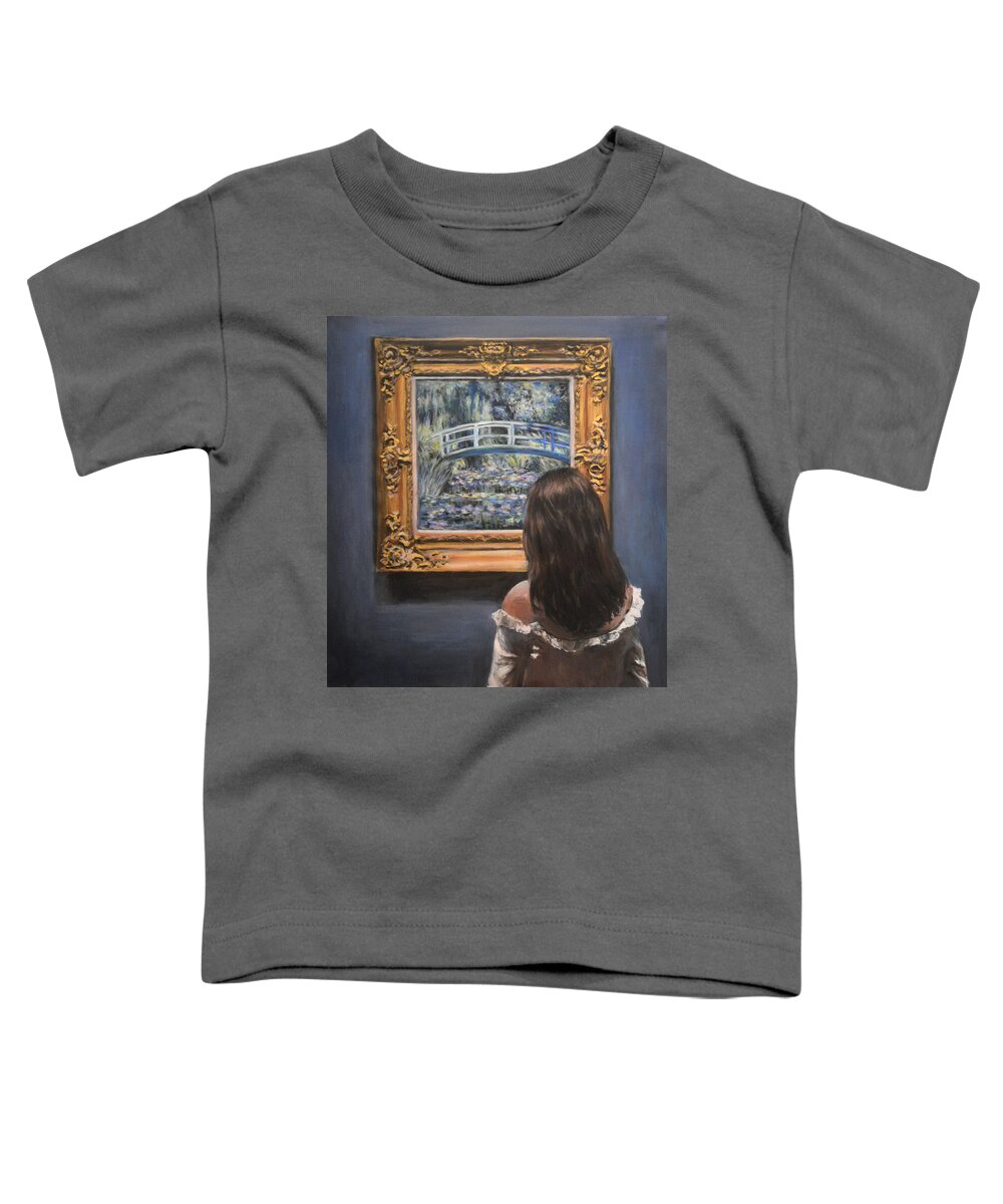 Watching Monet Water Lily Pond Toddler T-Shirt featuring the painting Watching monet water lily pond by Escha Van den bogerd