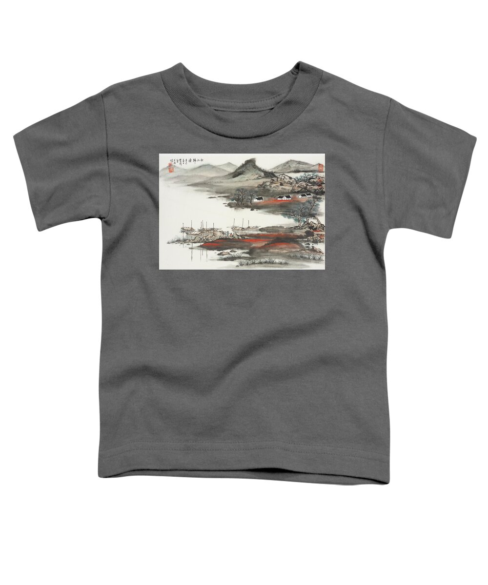 Chinese Watercolor Toddler T-Shirt featuring the painting Fisherman Bound for Home After a Successful Day on the Qiuji River by Jenny Sanders