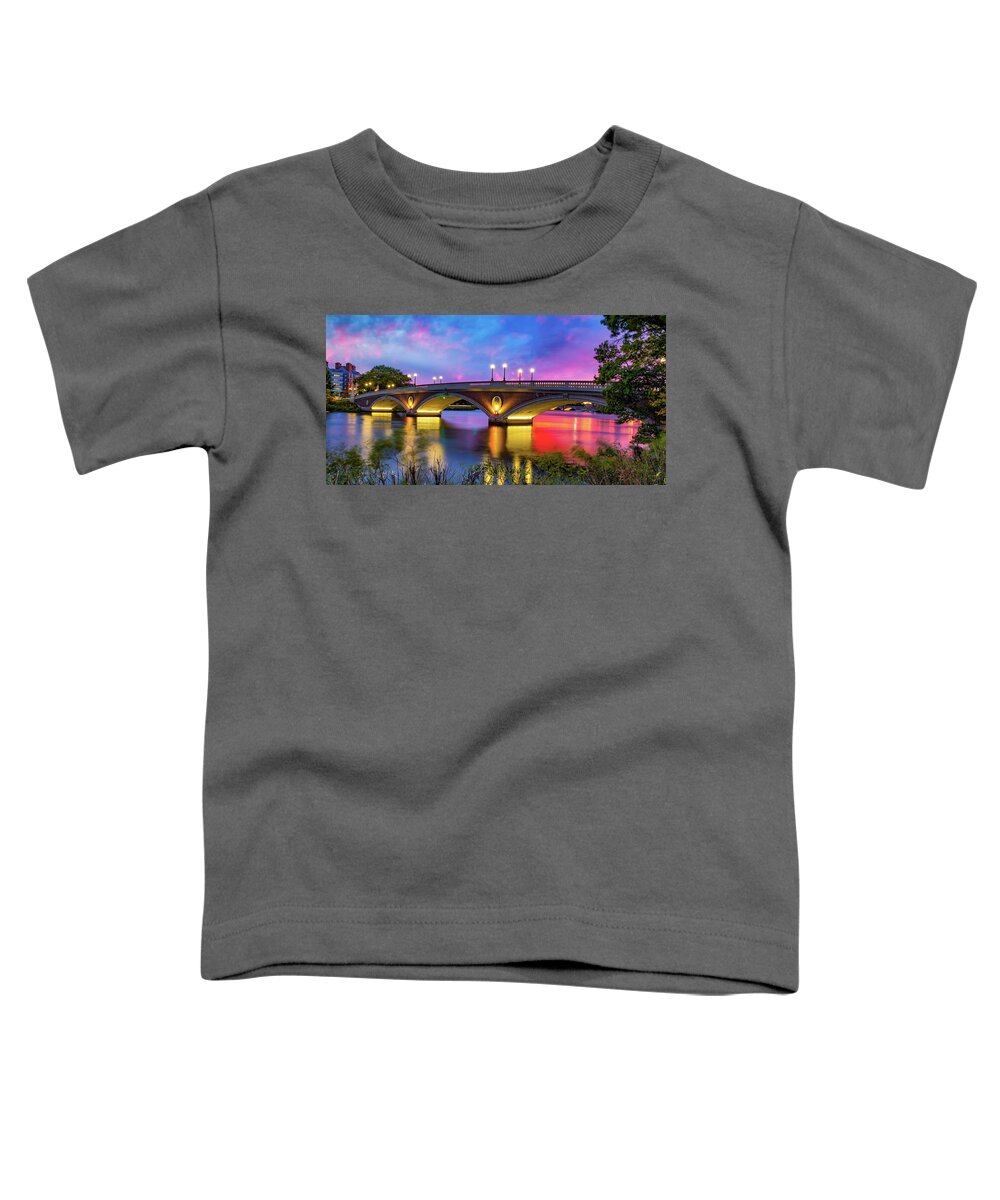 America Toddler T-Shirt featuring the photograph Weeks Footbridge Sunset Panorama - Harvard University Campus by Gregory Ballos