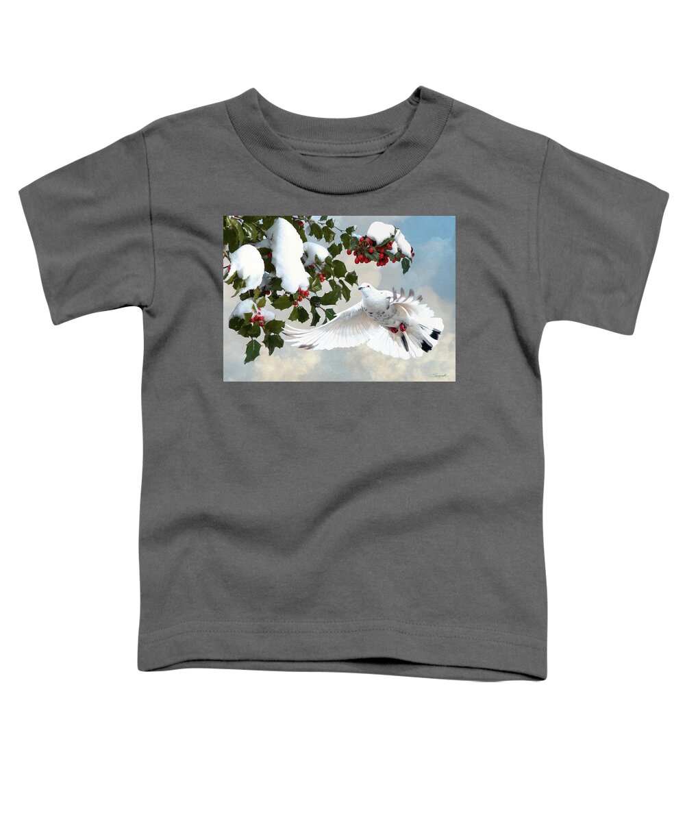 Dove; Peace; White Dove; Bird; Hollly; Snow; Holiday; Christmas; Greeting Card; Digital Art; Digital Painting; Spadecaller Toddler T-Shirt featuring the digital art White Dove and Holly by M Spadecaller