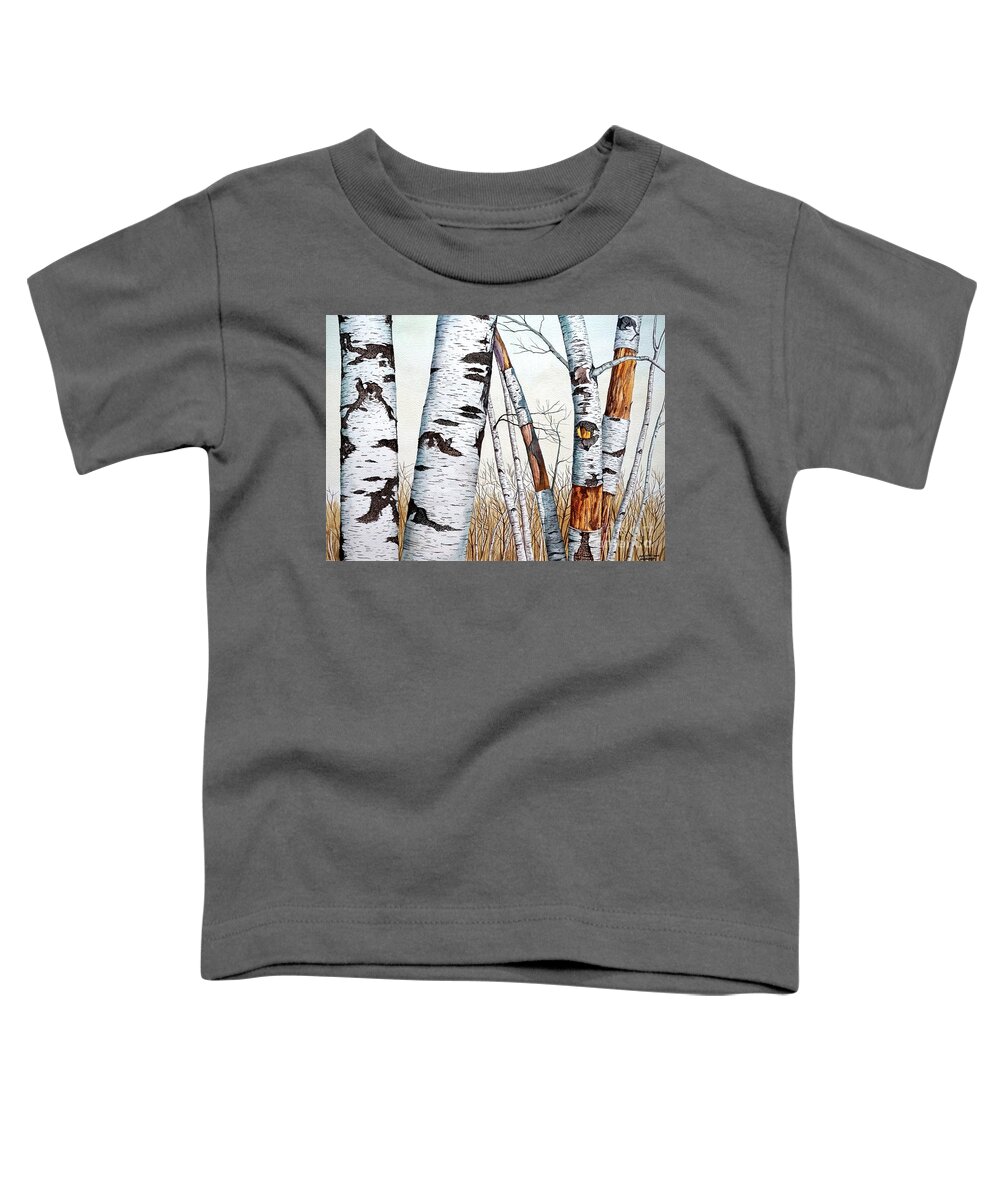 Birch Toddler T-Shirt featuring the painting Wild Birch Trees in the Forest in watercolor by Christopher Shellhammer