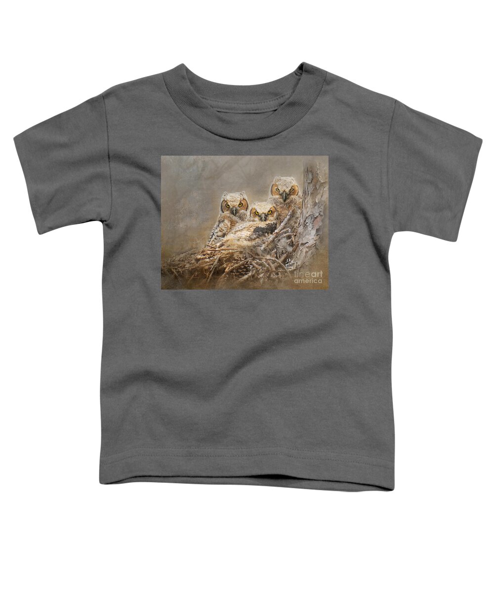 Owl Art Toddler T-Shirt featuring the photograph Baby Great Horned Owl Triplets #1 by TK Goforth