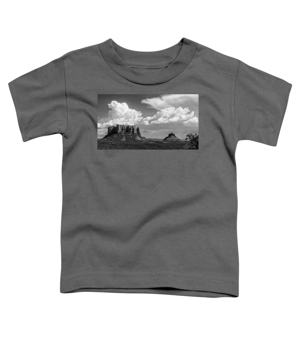 Red Rock Cliffs Sedona Arizona Fstop101 Landscape Sandstone Black And White Bell Rock Castle Rock Cumulus Toddler T-Shirt featuring the photograph Castle Rock and Bell Rock #1 by Geno Lee