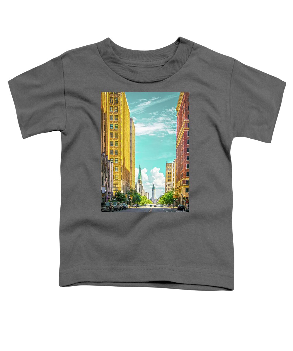 Main Street Toddler T-Shirt featuring the photograph Downtown Tulsa with turquoise sky - Modern and Art Deco building #1 by Susan Vineyard