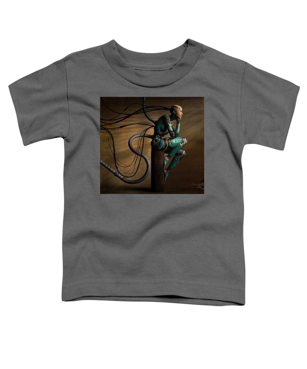 Dreaming Gold Aqua Robot Tubes Wires Shadows Light Toddler T-Shirt featuring the digital art Dreaming #1 by Alisa Williams