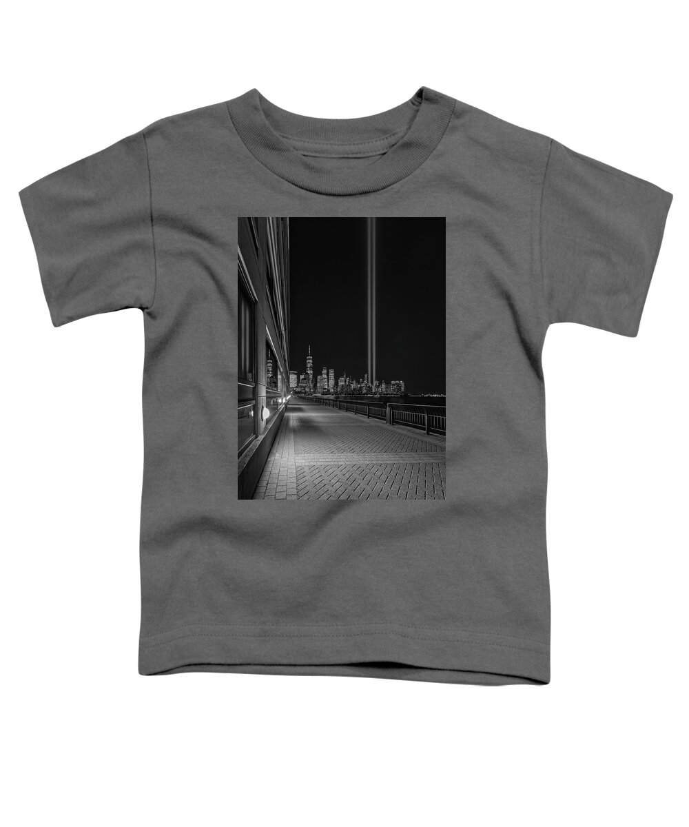 Nyc Skyline Toddler T-Shirt featuring the photograph NYC Tribute In Light BW #1 by Susan Candelario