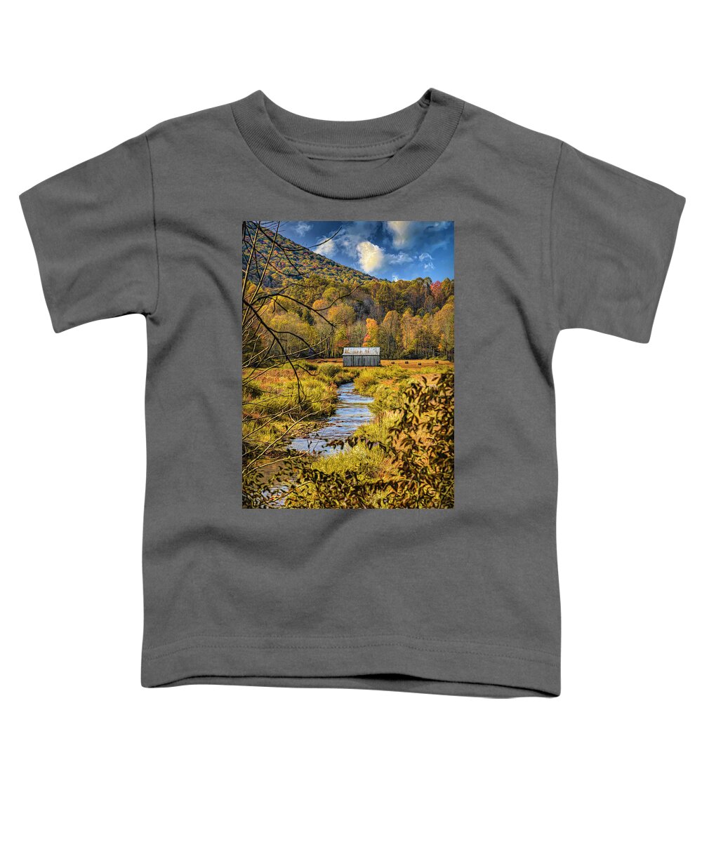 Barns Toddler T-Shirt featuring the photograph Old Barn by the Creek Creeper Trail in Autumn Tones Damascus Vir #1 by Debra and Dave Vanderlaan