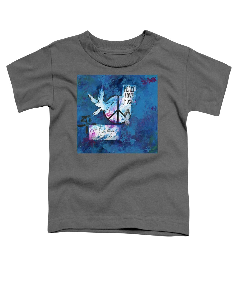 Shopify Toddler T-Shirt featuring the mixed media Peace Love Music - Blue by Jamie Hoffman