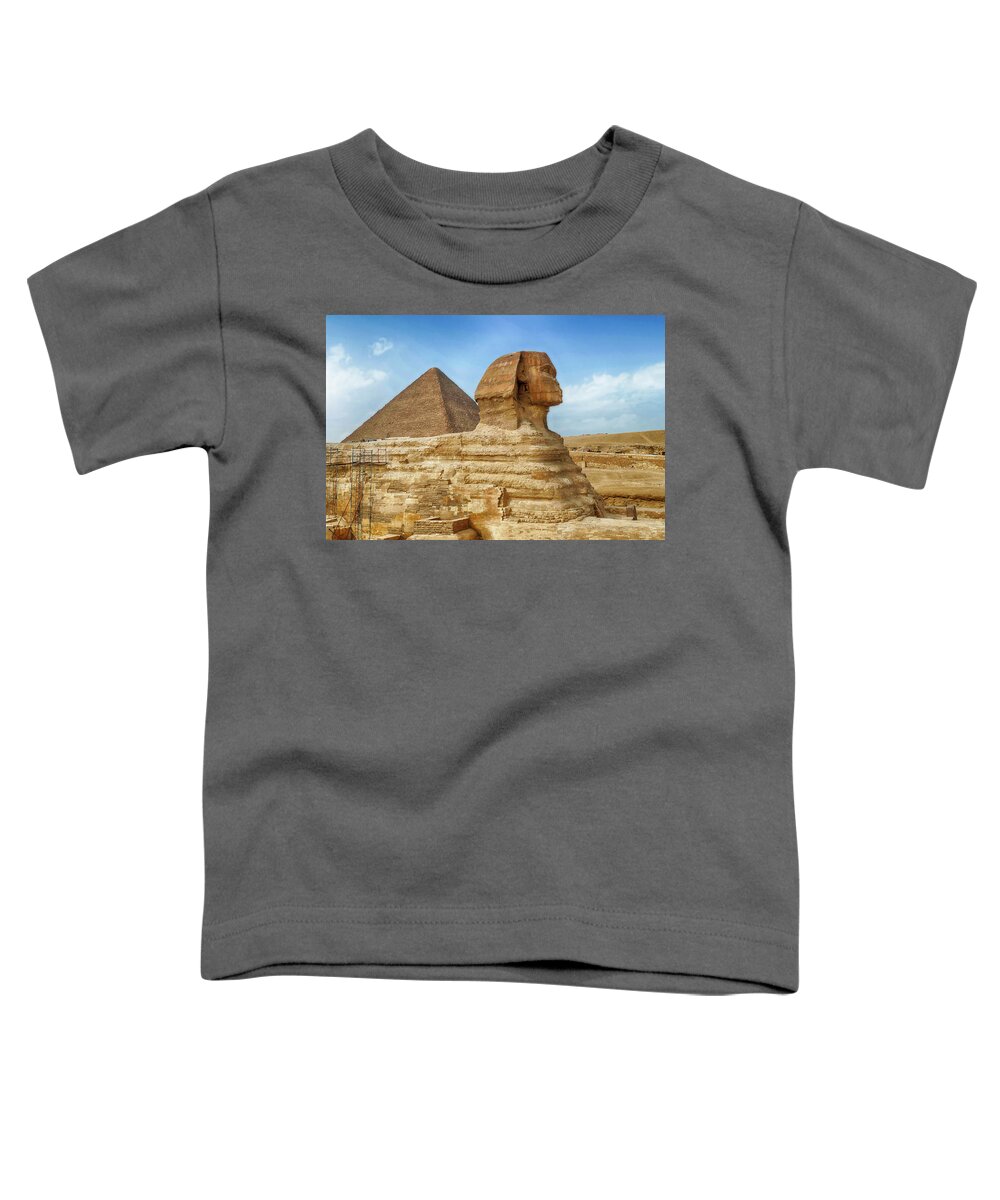 Cheops Toddler T-Shirt featuring the photograph Sphinx and the Great pyramid of Khufu #1 by Steve Estvanik