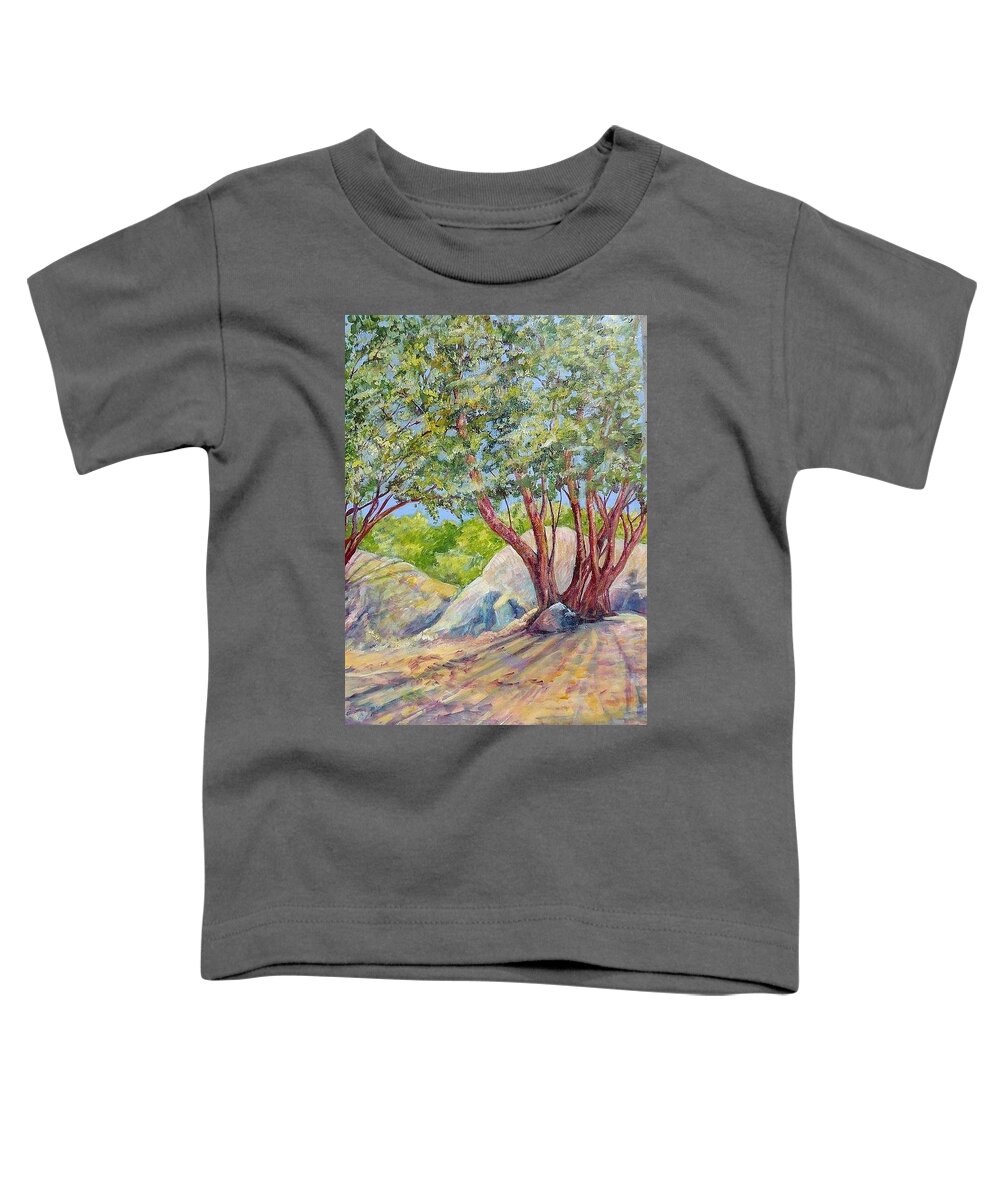 The Colorful Shadows In The High Desert Make A Colored Mosaic On The Ground Toddler T-Shirt featuring the painting Tree Shadows by Charme Curtin
