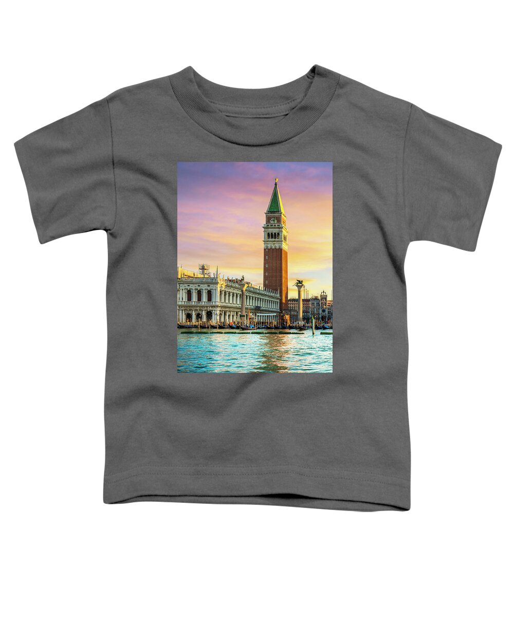 Venice Toddler T-Shirt featuring the photograph Venice landmark at dawn, Piazza San Marco with Campanile and Dog #1 by Stefano Orazzini