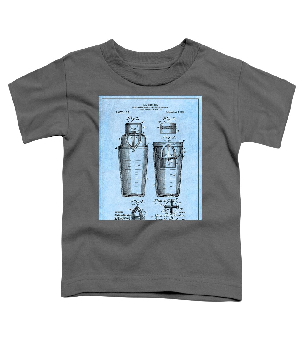 1913 Cocktail Patent Print Toddler T-Shirt featuring the drawing 1913 Cocktail Shaker Light Blue Patent Print by Greg Edwards