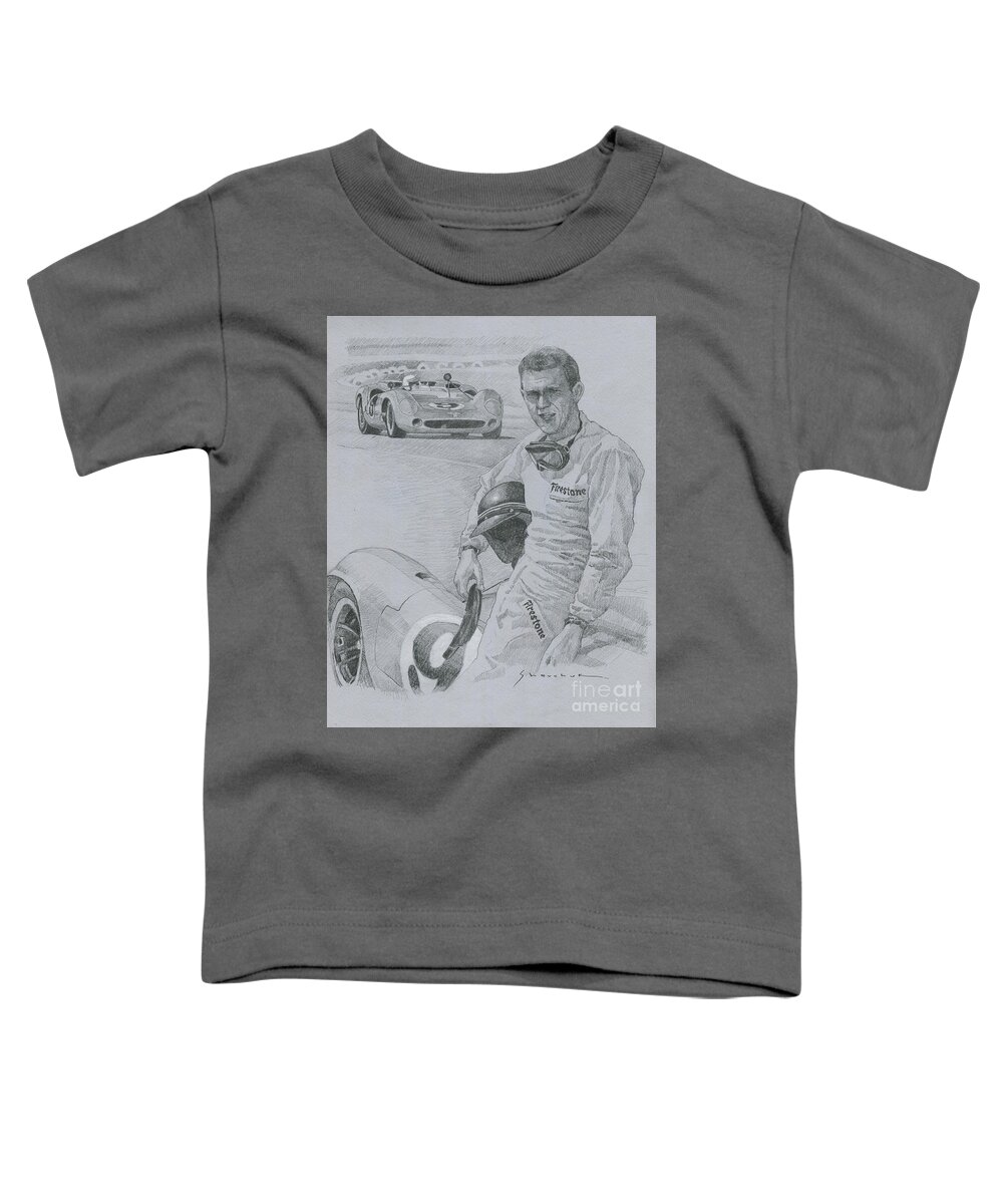 Shevchukart Toddler T-Shirt featuring the drawing 1966 Riverside Raceway California Lola T70 # 9 Steve McQueen by Yuriy Shevchuk