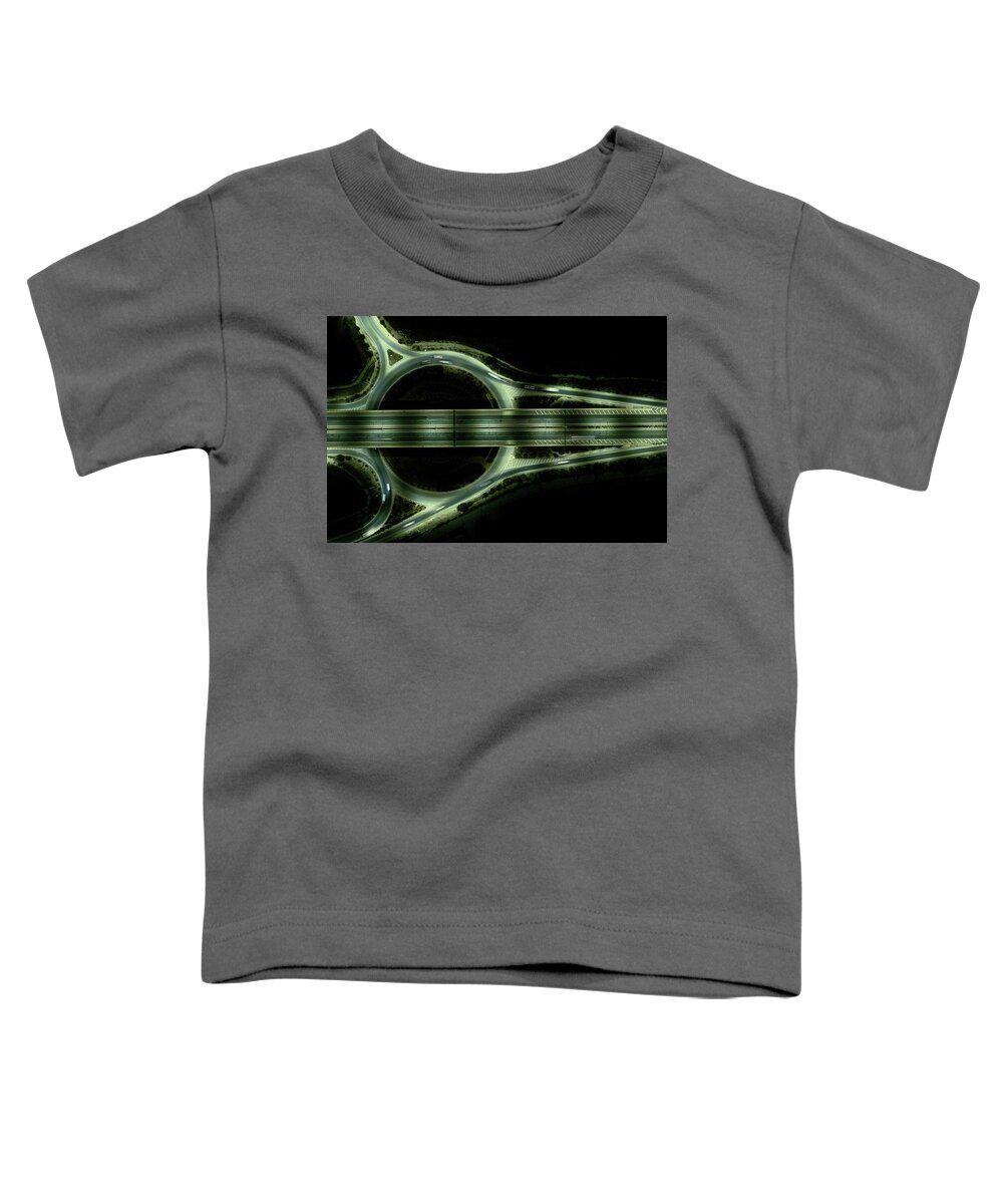 Speed Toddler T-Shirt featuring the photograph Aerial drone top view of a modern motorway junction roundabout with cars moving. Transportation infrastructure, #2 by Michalakis Ppalis