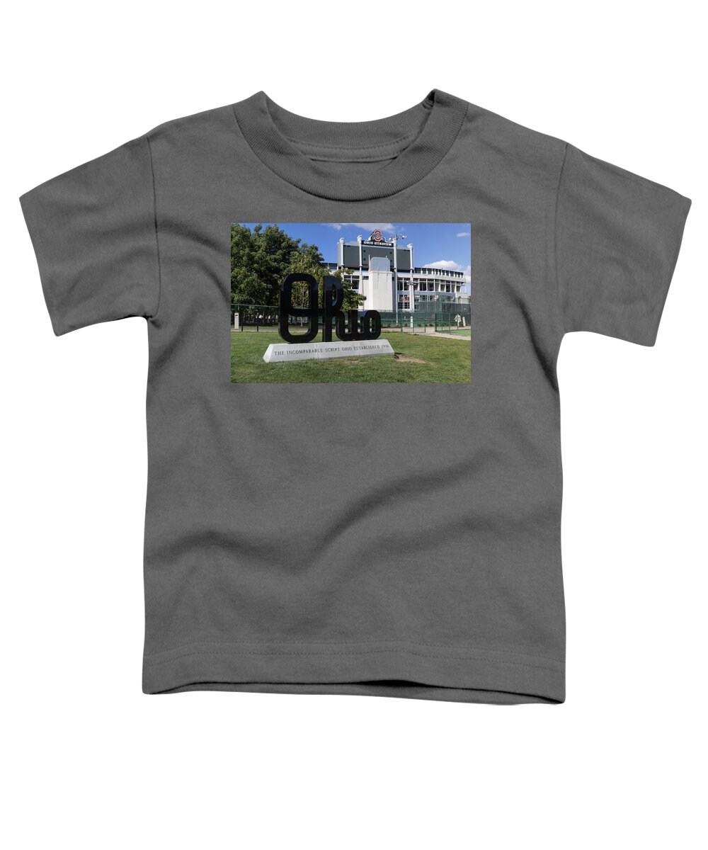 Buckeyes Football Toddler T-Shirt featuring the photograph Ohio script statue at Ohio State University #2 by Eldon McGraw