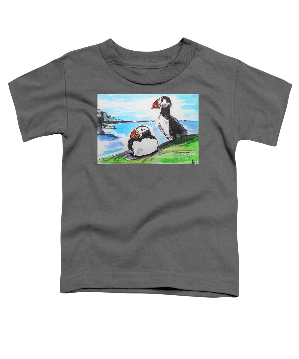 Puffin Art Toddler T-Shirt featuring the painting Painting Of 2 Puffins by Mary Cahalan Lee - aka PIXI