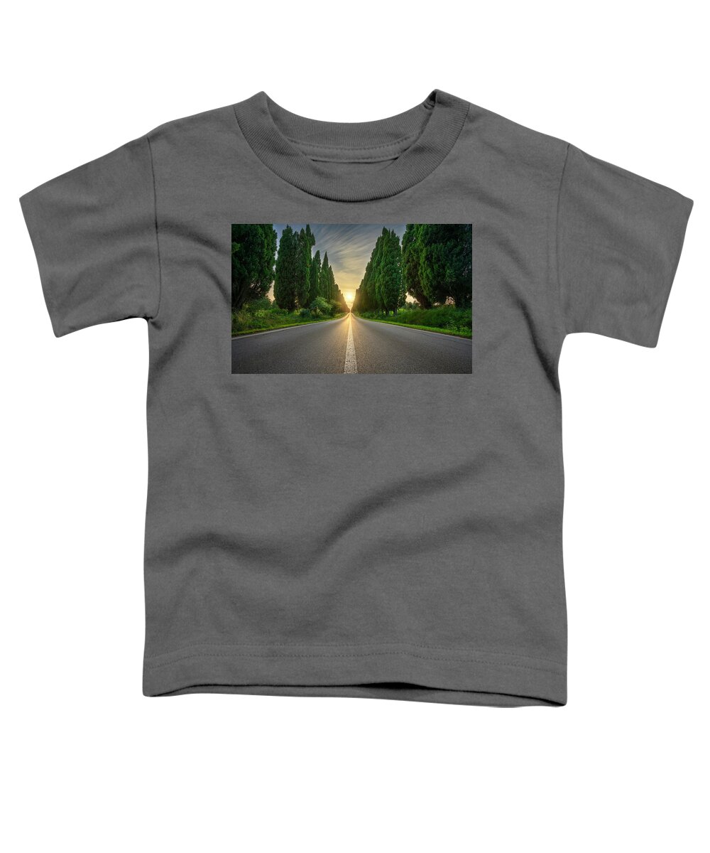 Bolgheri Toddler T-Shirt featuring the photograph Bolgheri Boulevard and the Sun by Stefano Orazzini