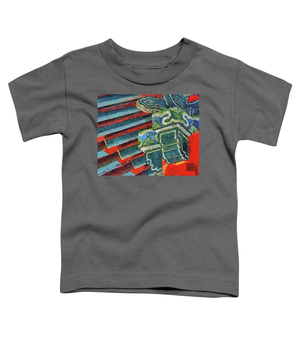 Architecture Toddler T-Shirt featuring the mixed media 668 Red Roof Rib Pattern Little Wild Goose Pagoda, Xian, China by Richard Neuman Abstract Art