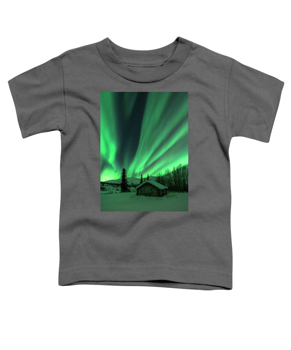 Aurora Toddler T-Shirt featuring the photograph A Cabin in the Lights by Laura Hedien