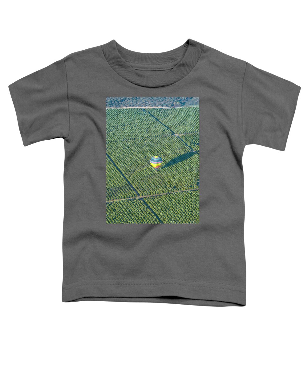 Above Toddler T-Shirt featuring the photograph A hot air balloon hovers over a large orange grove in Southern California. by Gunther Allen