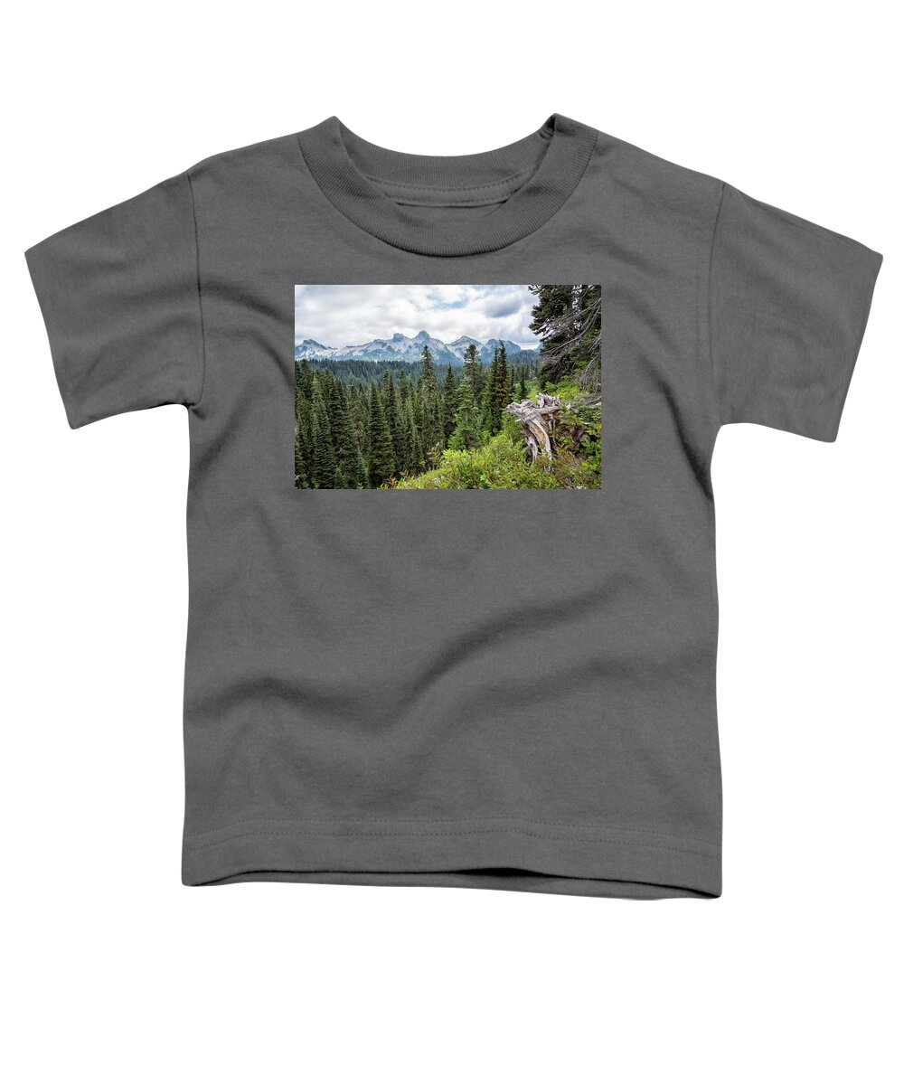 Tatoosh Range Toddler T-Shirt featuring the photograph Across the Trees to the Tatoosh Range by Belinda Greb