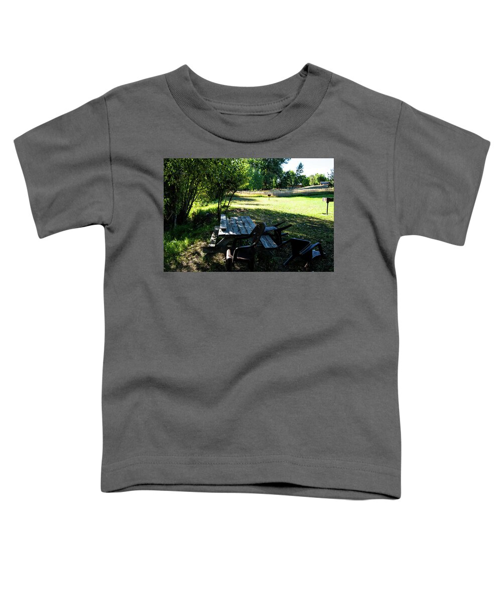 Aging Public Table Toddler T-Shirt featuring the photograph Aging Picnic Table by Tom Cochran