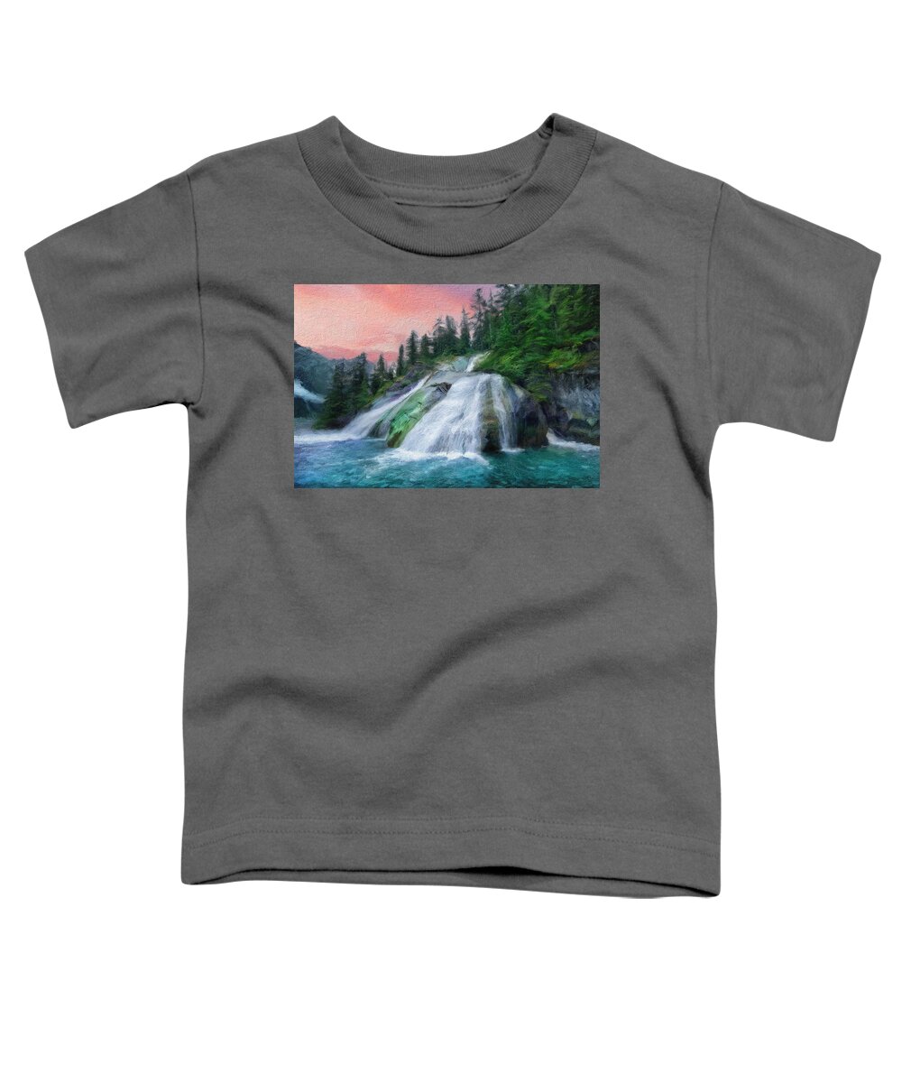 Alaska Toddler T-Shirt featuring the digital art Alaska Inside Passage - Waterfall at Sunset by Russ Harris
