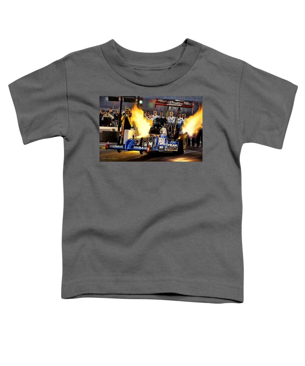 Drag Racing Nhra Top Fuel Funny Car John Force Kenny Youngblood Nitro Champion March Meet Images Image Race Track Fuel Tj Zizzo Toddler T-Shirt featuring the painting AmaZZing by Kenny Youngblood