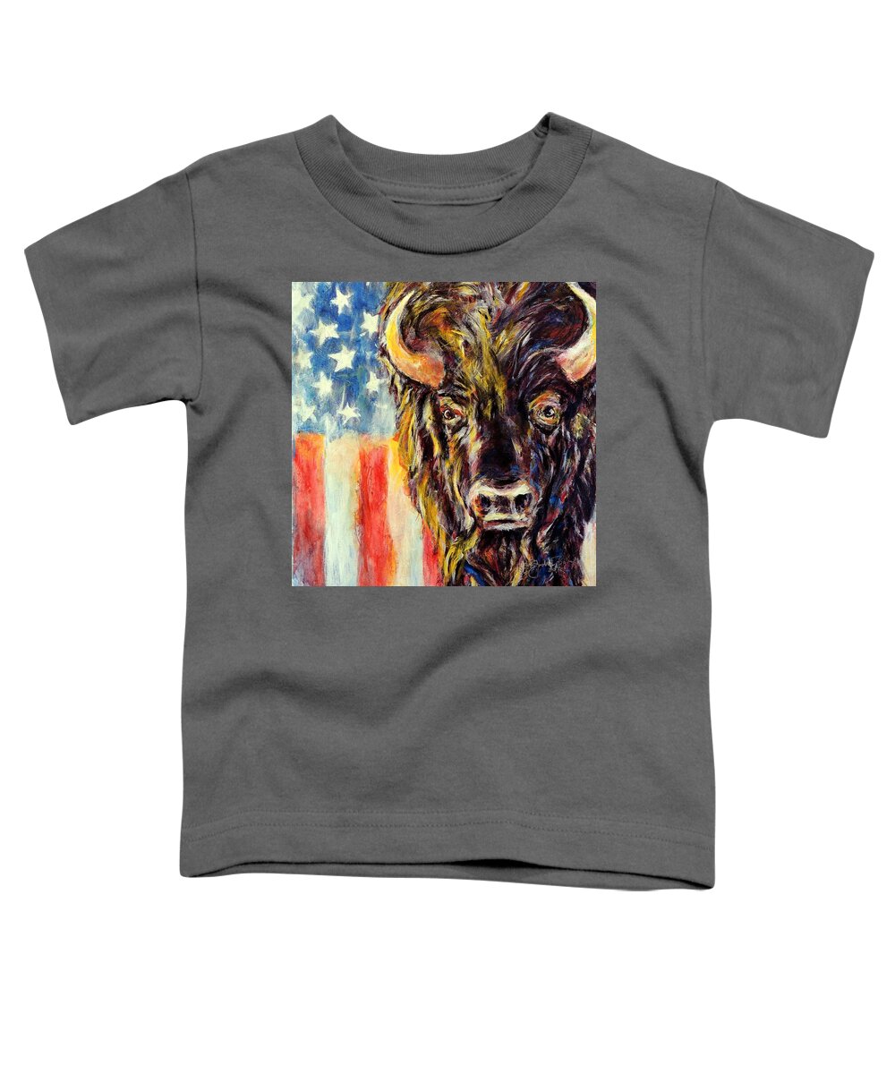 American Buffalo Flag Patriotic Toddler T-Shirt featuring the painting American Buffalo by John Bohn