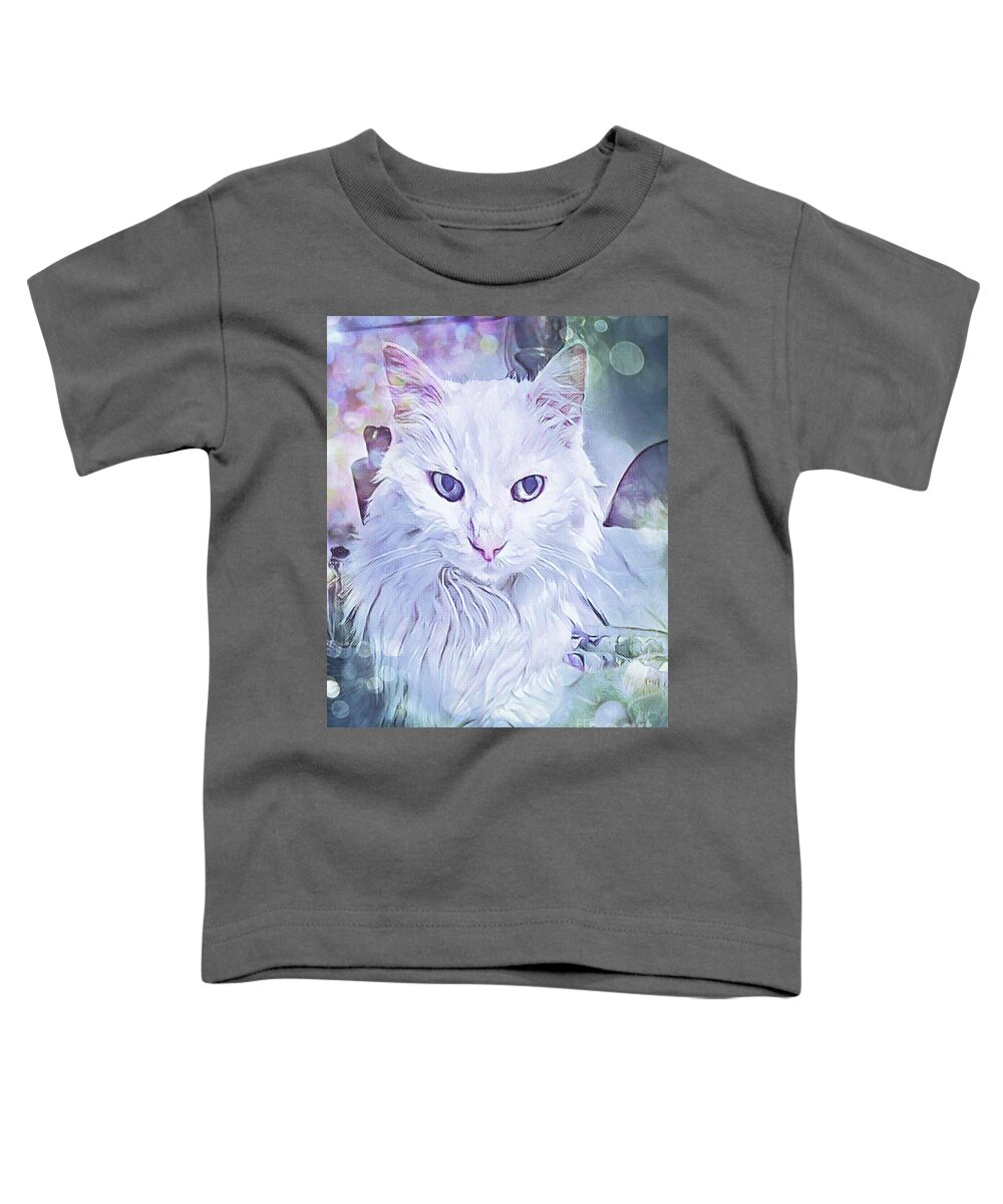 Cat; Kitten; White; White Cat; Green; Long-haired Cat; Angora; Cat Eyes; Kitten Eyes; Macro; Close-up; Photography; Portrait; Watercolor; Dreamy; Toddler T-Shirt featuring the photograph Angora Eyes by Tina Uihlein