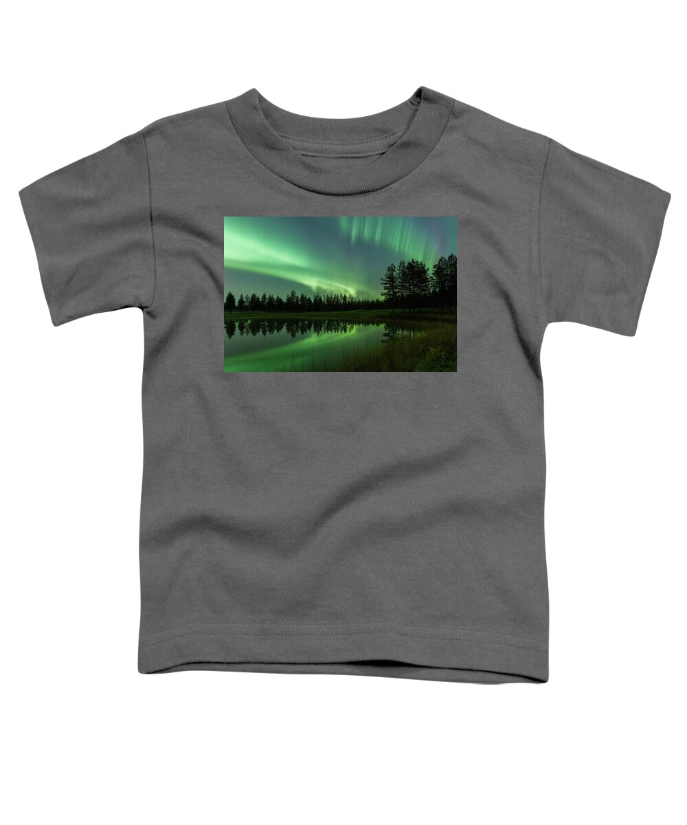 Aurora Borealis Toddler T-Shirt featuring the photograph Aurora borealis above a pond by Thomas Kast