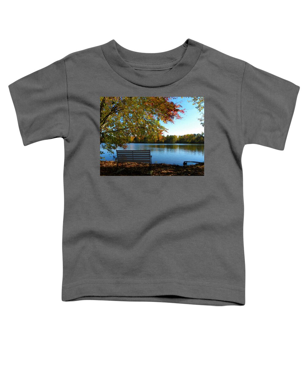 Autumn Toddler T-Shirt featuring the mixed media Autumn Lake View by Sandi OReilly