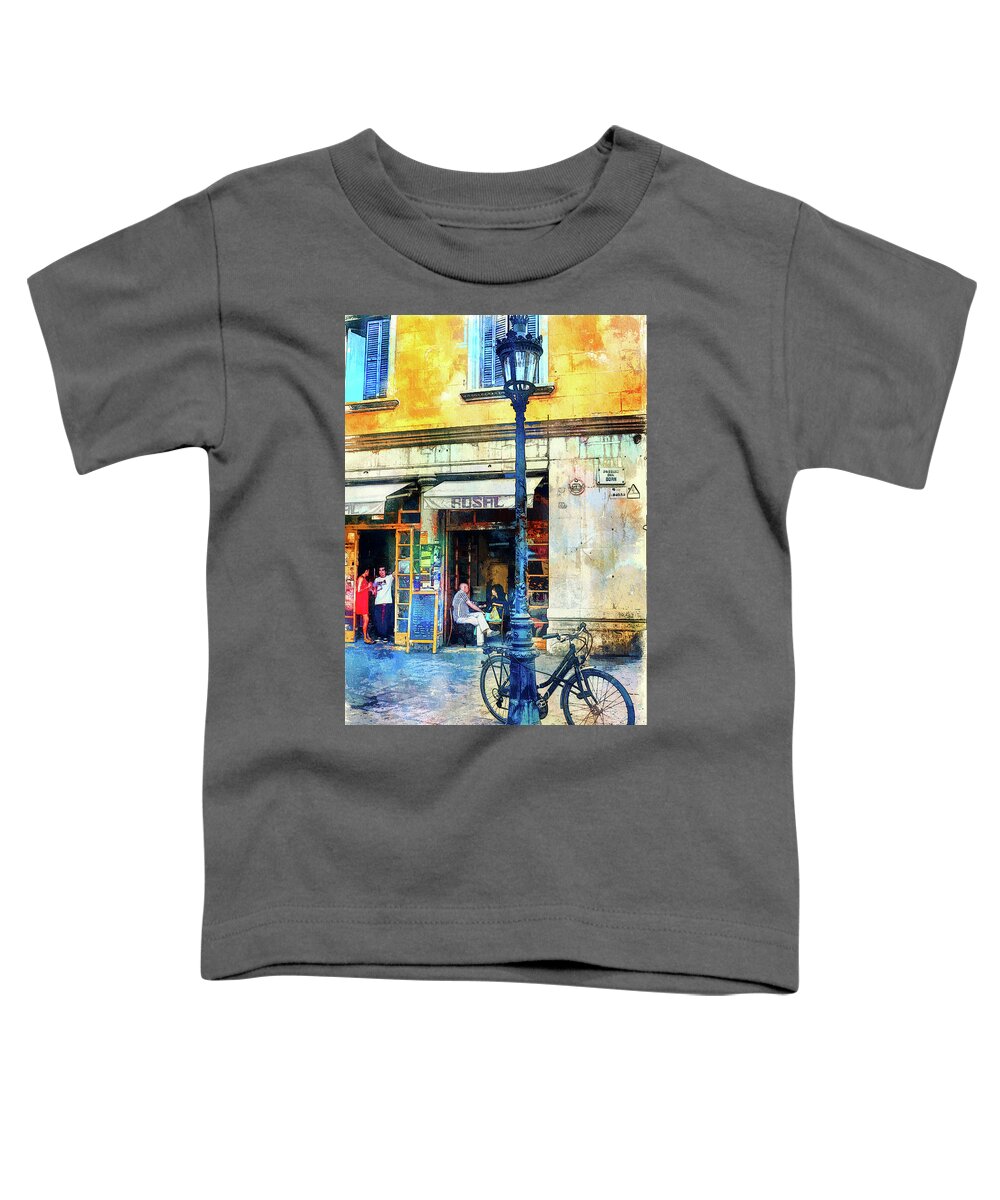 Barcelona Toddler T-Shirt featuring the mixed media Barcelona street cafe and bike by Tatiana Travelways