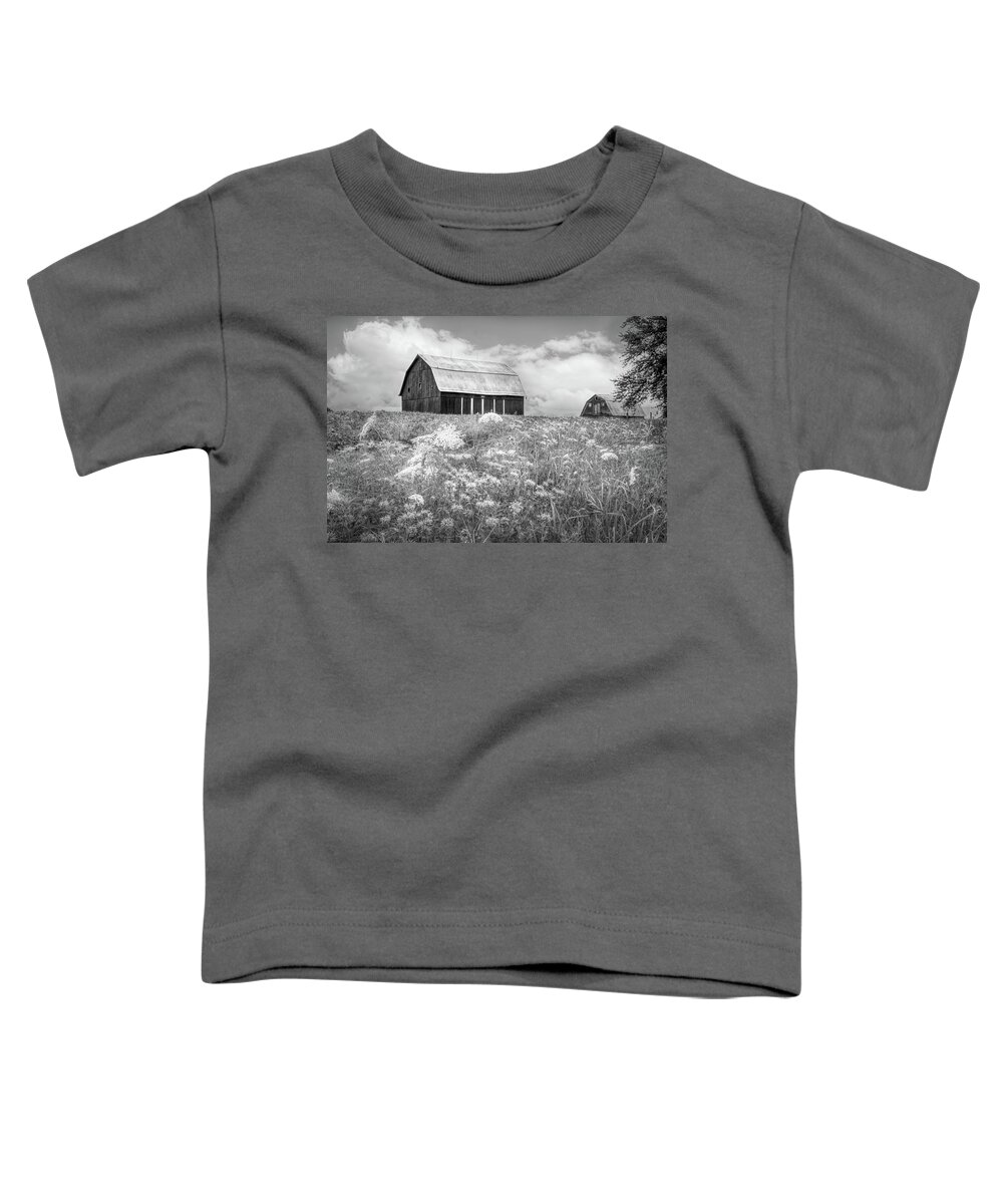 Black Toddler T-Shirt featuring the photograph Barn at the Top of the Hill Black and White by Debra and Dave Vanderlaan