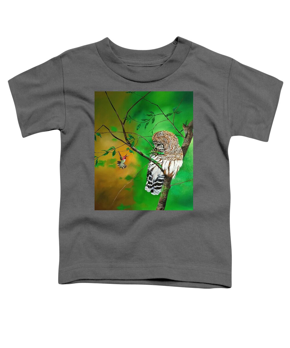Birds Toddler T-Shirt featuring the painting Barred Owl and Anna's hummingbird by Dana Newman