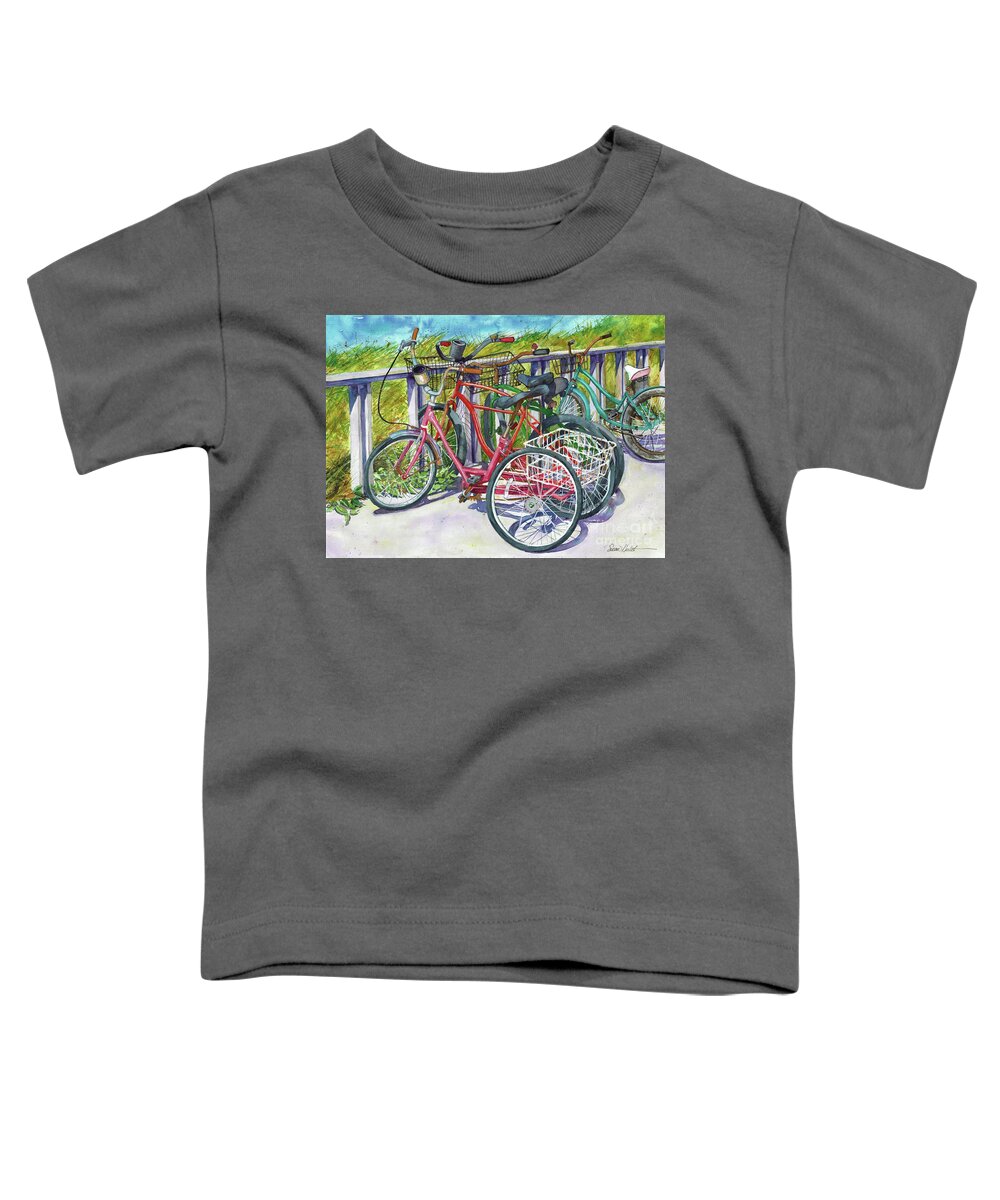 Beach Toddler T-Shirt featuring the painting Beachcycles by Susan Herbst
