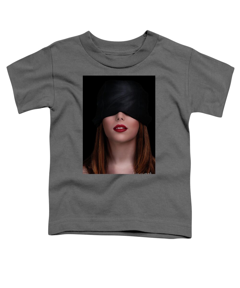 Woman Toddler T-Shirt featuring the photograph Beautiful blindfolded woman with red lipstick by Mendelex Photography