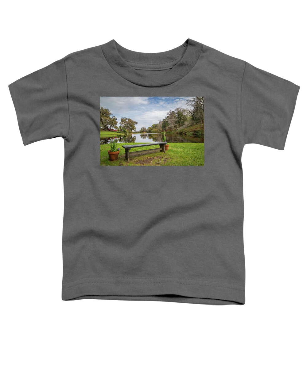 Middleton Place Plantation Toddler T-Shirt featuring the photograph Bench with a View by Cindy Robinson