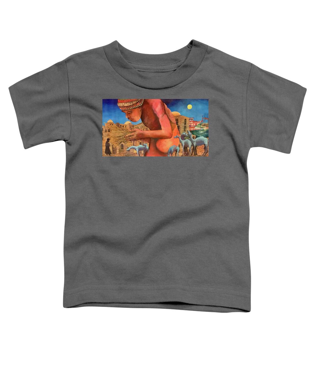 Harbor Landscape Scenery Multicultural Animals Building Cultures Ocean Sun Portrait Toddler T-Shirt featuring the mixed media Benevolent Harbor by James Huntley