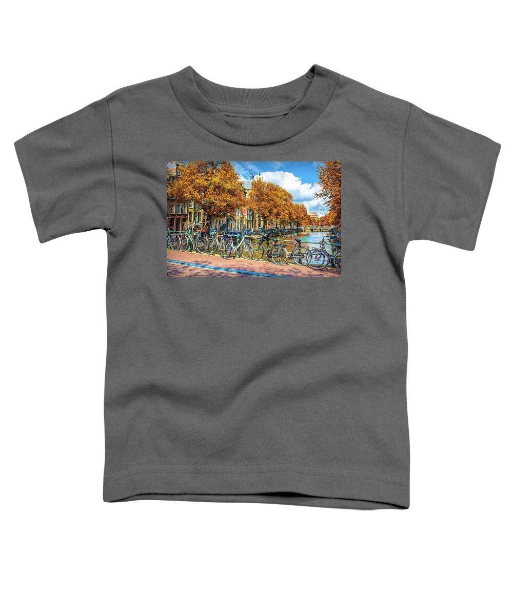 Amsterdam Toddler T-Shirt featuring the photograph Bicycles Along the Canals in Autumn by Debra and Dave Vanderlaan
