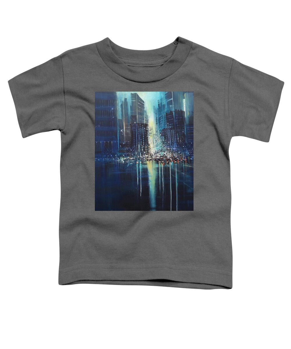 City Lights Toddler T-Shirt featuring the painting Big City Blues by Tom Shropshire
